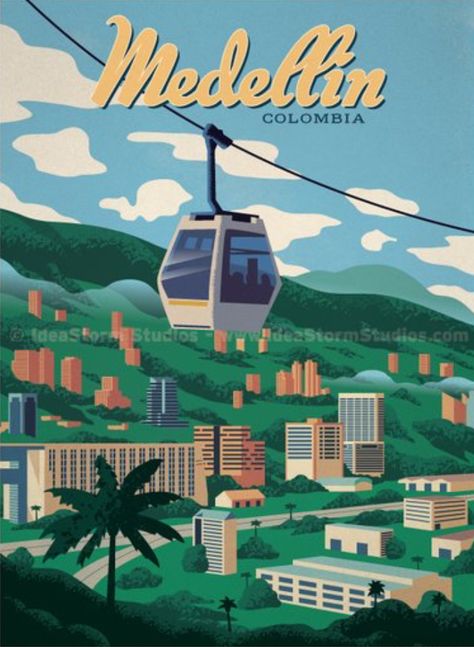 Medellin • Colombia ~ IdeaStorm Studio Colombia Travel, Vintage Travel Posters, Vintage Travel, Travel Poster, Dark Backgrounds, Photography Print, South America, Travel Posters, Online Wall Art