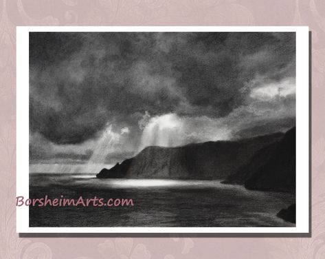 "This black and white art print shows the sun shining down on the seaside cliffs through the billowing dark storm clouds. The dramatic light effect is like a spotlight on the rugged coast of Cinque Terre, Italy, specifically the coastal town of Vernazza.  These sun rays beaming through the clouds inspire and remind us of the heavens above, beauty in the drama of the impending storm.      This beautiful seascape can be yours!  Just choose your fine art print size, or buy the original (see descrip Vernazza Cinque Terre Italy, Sky Go, Art Charcoal, Cinque Terre Italy, Sun And Clouds, Sun Shining, Seascape Art, Charcoal Art, Italy Print