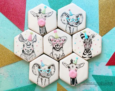 Party Animals Cookies, Party Animal Birthday Cookies, Girl Animal Birthday Party, Party Animal Cookies Decorated, Party Animal Birthday Theme Decoration, Animal Birthday Cookies, Party Animal Cookies, Safari Birthday Cookies, Two Wild Cookies