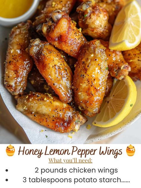 Tail Gating Food Ideas, Honey Lemon Pepper Wings, Lemon Pepper Chicken Wings Recipe, Lemon Pepper Chicken Wings, Wing Sauce Recipes, Lemon Pepper Wings, Tail Gate, Potato Starch, Pepper Chicken