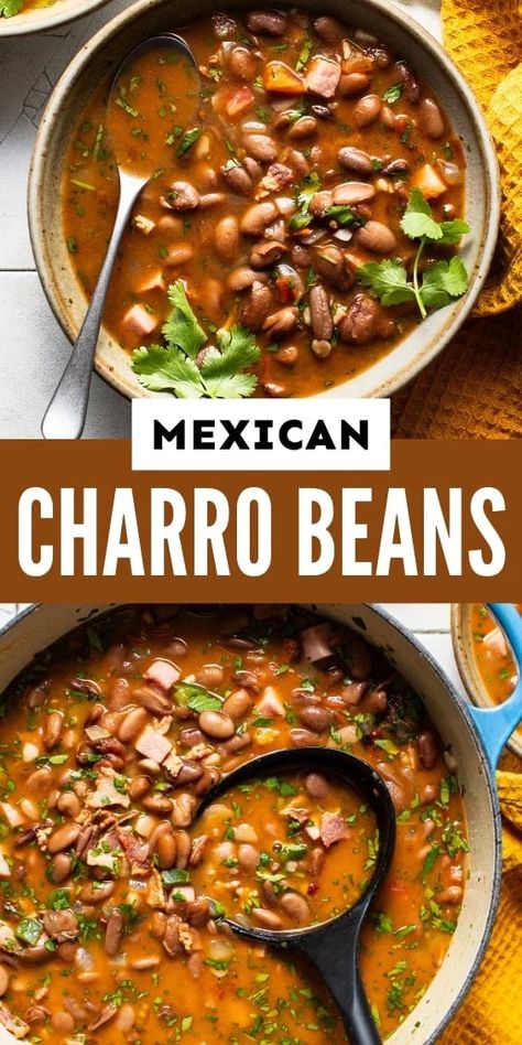 Charro Beans (Frijoles Charros) are Mexican cowboy beans simmered in a flavorful broth made from bacon, ham, onions, garlic, peppers, tomatoes, and delicious spices. They make a delicious meal when served with some flour tortillas for dipping, or a great side dish to accompany Mexican rice and various meats. Crockpot Charro Beans Mexican, Crockpot Frijoles Charros, Mexican Pork And Beans, Borracho Beans Crockpot, Charro Beans Mexican Stove Top, Spanish Food Recipes Mexico, Charo Beans Mexican, Crockpot Charro Beans, Frijoles Charros Recipe Mexico