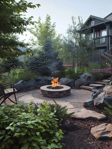 Raised Patio Edging: Cozy Fire Pit with Natural Stone Edging Circular Stone Fire Pit, Middle Of Yard Fire Pit, Fire Pit Built Into Hill, Paved Fire Pit Area, Rustic Fire Pit Ideas Backyard, Mountain Basement, Patio Edging Ideas, Natural Stone Edging, Fire Pit Area Ideas