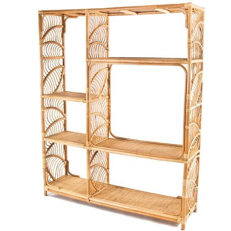 Coastal Palms Rattan ShelvesThe Coastal Palms Rattan Shelves has a tropical vibe sure to elevate your design space. The wood frame is wrapped in a natural rattan for a coastal style. The palm leaf designs in the sides enhances the nautical presence of this bookcase. #natural, #coastal, #shelves Rattan Clothes Rack, Coastal Shelves, Style Wall Shelves, French Country Bookcase, Rattan Bookcase, Rattan Shelves, Bohemian Bungalow, Painted Shelves, Shabby Chic Chandelier