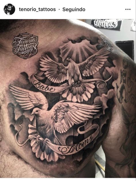 Best Chest Tattoos For Men Family, Angle Chest Tattoo Men, Chest Memorial Tattoo Men, Delt Tattoo For Men, Chest Piece Tattoos Mens Black, Pec Tattoo Men Ideas, Dove Chest Tattoo Men, Chest And Shoulder Tattoo For Men, Angel Chest Tattoo Men