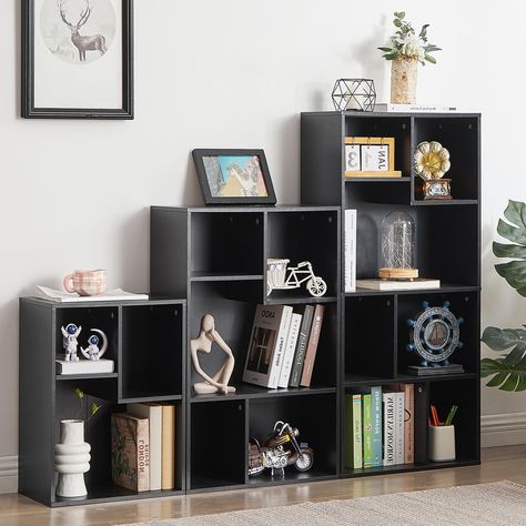 PRICES MAY VARY. No Fabric Contained 【Full Use of Small Space】: This Slim Bookcase Cube Organizer Sets fo 3,total oversize: 9.5”D x55.1”W x 42.2”H, Any Combination of this small bookshelf can Easily Fit in the Gaps Between Your Couch or the Tight Spots Beside Your Bed. 【Suitable Size Cubes For Most Books】: With Height Difference Shelves, This Bookcase, Unlike Those with Fixed Height, Matches Common Books that Height Up to 12.8 Inchs, that Makes a Big Difference and keep your room in order. 【Stur Step Bookcase, Slim Bookcase, Black Storage, Modern Storage Cabinet, Bookcase Organization, Small Bookshelf, Modern Bookshelf, Storage Cube, Cube Bookcase