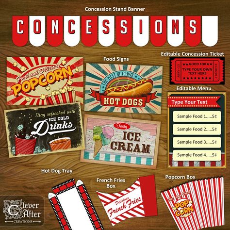 Concession Stand Menu Template School Concession Stand, Movie Theater Snack Bar, Concessions Sign, Concession Stand Menu, Concession Stand Sign, Templates For School, Concessions Banner, Movie Theater Snacks, Vintage Movie Theater