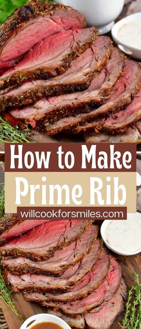 Your holiday dinners won’t be complete without a perfect Prime Rib at the center of the table. Prime Rib, aka standing rib roast, is beautifully soft and tender after slow roasting in the oven. This steak shines on its own but you can also serve it with Au Jus or horseradish sauce. No Peak Prime Rib Roast, Prim Rib, Prime Rib Roast Recipe Ovens, Cooking Prime Rib Roast, Slow Roasted Prime Rib, Prime Rib Dinner, Prime Rib Roast Recipe, Perfect Prime Rib, Ribeye Roast