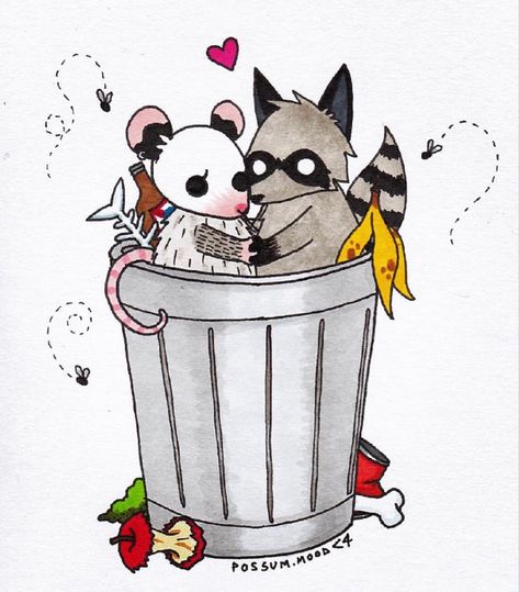 Raccoon And Possum Matching Tattoo, Opossum Cartoon Drawing, Trash Can Drawing, Possum Cartoon, Possum Cartoon Drawing, Possum And Raccoon, Possum Drawing, Raccoon And Possum, Raccoon And Possum Drawing