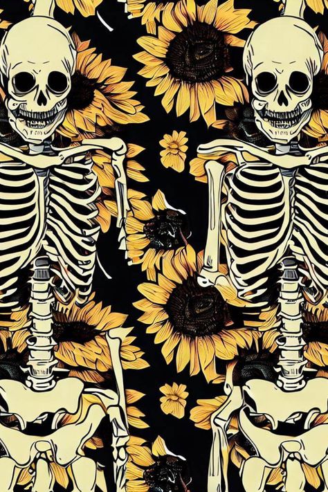 Sunflowers & skeletons #halloween #skeletons #sunflowers #sunflowerwallpaper #phonescreen #sunflowersandskeletonswallpaper Skulls And Sunflowers Wallpaper, Sunflowers And Skulls, Black Sunflower Wallpaper, Creepy Sunflower, Halloween Skeleton Wallpaper, Bright Cottagecore, Sticker Projects, Skeletons Wallpaper, Sunflower Halloween