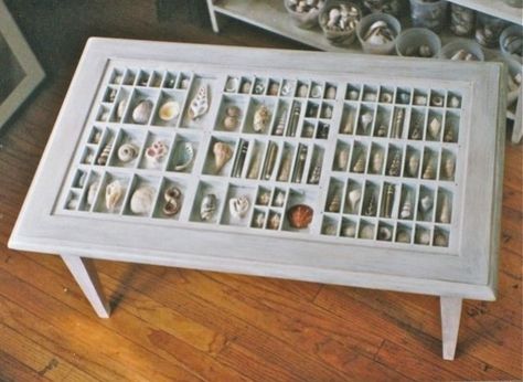 CustomMade Curator: Printer's Drawer Coffee Table.  You can find these printer's drawers on etsy, Craig's List, or antique stores, then create your own with shells, toys, or use your imagination.  Use glass or some kind of acrylic/plexiglas if using it for a child's table. Wine Bottle Table, Made Coffee Table, Printers Drawer, Letterpress Type, Tray Coffee Table, Printers Tray, Table Cafe, Coffee Table White, Tray Table