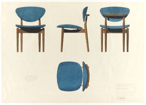 View of front, side, and back of wood and blue upholstered side chair, from left to right across upper half of sheet. Plan of side chair in the lower middle of sheet, with pre-printed multiple image of chair at lower left. Minimalist Wood Furniture, Top View Furniture, Furniture Png, Chair Drawing, Most Comfortable Office Chair, Cooper Hewitt, Finn Juhl, Furniture Details Design, Wooden Dining Chairs