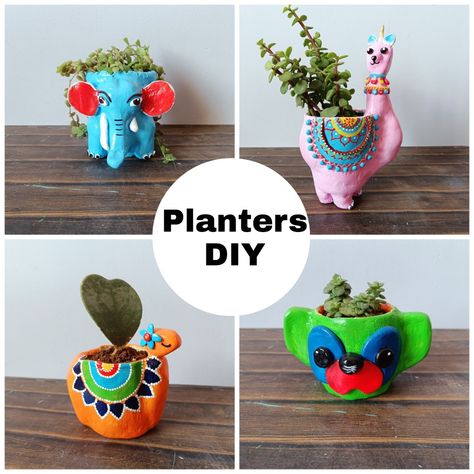 This is an image that links to a vlog post about animal planter DIY. Llama planter elephant planter and monkey planter. Cup Planter Ideas, Broken Cups Diy Ideas, Animal Planters Diy, Matka Painting, Planters Diy, Gardening Pots, Cup Diy, How To Make Resin, Diy Drawing