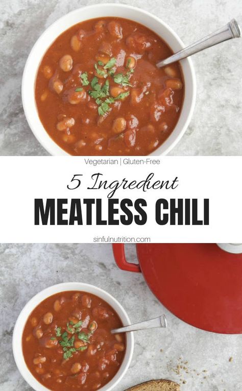 5 Minute Vegetarian Chili - Sinful Nutrition Vegetarian Chili Beans, Easy Meatless Chili Recipe, Simple Vegetarian Chili, Meatless Chili Recipe, Vegetarian Inspiration, Meatless Chili, Vegetarian Chili Easy, Vegan Chili Recipe, Chili Bar