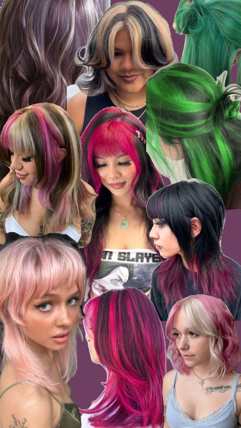 Pink, napolitan, green, purple, cheeky blonde Hair Color Combos, Pink Green Hair, Pink And Green Hair, Green Hair Color, Purple Hair Color, Pink Blonde Hair, Hair Color Purple, Hair Dye, Green Hair