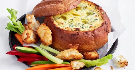 This amazing cob is coated in garlic butter and filled with a creamy 3-cheese mixture – what's not to love? Cob Dip, Cob Loaf Dip, Party Food Favorites, Cob Loaf, Curried Sausages, Seafood Feast, Aussie Food, Fairy Bread, Bread Dip