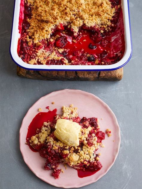 Frozen berry & apple crumble | Jamie Oliver recipes Apple Crumble Jamie Oliver, Fresh Berries Recipes, Fruit Crumble Recipe, Mixed Berry Crisp, Plum Crumble, Berry Crisp, Apple Crumble Recipe, Fruit Crumble, Berry Crumble