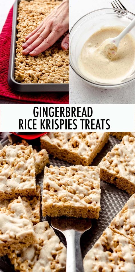 Rice Krispies Treats get a holiday upgrade-- spiced with molasses, cinnamon, and ginger and topped with a spiced white chocolate drizzle. These gingerbread rice krispies treats are sure to be a Christmas favorite! | gingerbread rice krispie treats | rice krispie gingerbread | Christmas rice krispie treats | gingerbread rice crispy treats | gingerbread rice crispies Christmas Rice Crispy Treats Holidays, Christmas Baking Rice Krispies, Easy Christmas Rice Krispie Treats, Reindeer Rice Crispy Treats, Chai Rice Krispie Treats, Gingerbread Rice Krispie Treats, Gingerbread Rice Crispy Treats, Home Style Rice Crispy Treats, Rice Crispy Treat Variations