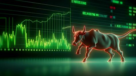 Bull with background of uptrend stock market. Concept of bullish market. AI generated Stock Market Wallpaper For Pc, Stock Market Wallpaper Backgrounds, Share Market Wallpaper, Stock Market Wallpaper Creative, Stock Market Chart, Bull Images, Trading Learning, Thumbnails Youtube Background, Jay Mataji