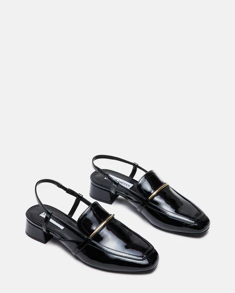 Sleek and sophisticated, these black patent slingback loafers are a must-have for any woman's wardrobe. With their comfortable leather insole and stylish design, you'll be able to wear them all day long. #loafers #womensloafers #blackloafers Metallic Slingback Outfit, Comfy Work Shoes Women, Cute Office Shoes, Business Professional Shoes For Women, Fall Office Shoes, Women’s Business Professional Attire, Work Shoes Women The Office, Corporate Shoes, Comfortable Office Shoes