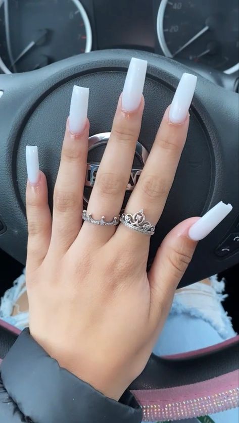 Plain Full Set Nails, White Chanel Nails Acrylic, Plain White Acrylic Nails With Gems, Straight White Nails, Long Length Nails Acrylic, Long Milky White Acrylic Nails, White Birthday Nails Coffin Medium, Plain White Coffin Acrylic Nails, White Nails Medium