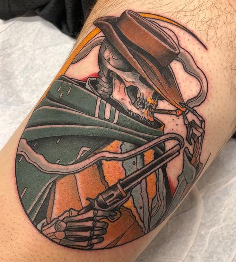 Outlaw Tattoos For Men, The Man With No Name, Punisher Tattoo, Western Outlaw, Man With No Name, Outlaw Tattoo, Traditional Tattoo Drawings, Cowboy Tattoos, Western Tattoos