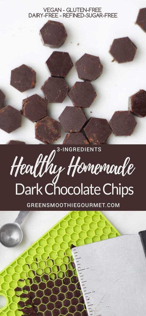 Homemade Dark Chocolate Chips {3-ingredients - vegan, glutenfree, dairy-free} Keto Friendly Ice Cream, Homemade Dark Chocolate, Dark Chocolate Recipes, Healthy Chocolate Recipes, Homemade Chocolate Chips, Low Carb Ice Cream, Vegan Candies, Keto Friendly Desserts, Low Carb Recipes Dessert