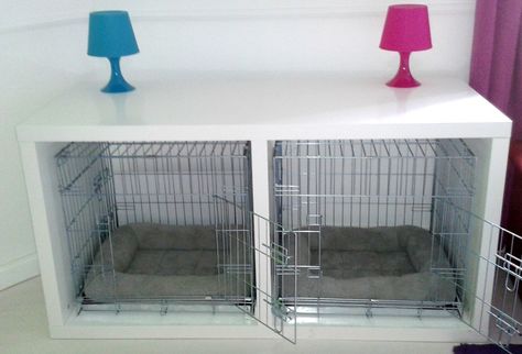 This is our dog crate system for our 2 beagles made entirely from IKEA items. We scored 2 IKEA Malm desks that were marked down (minor blemishes) at IKEA As-Is. Deaf Puppy, Ikea Malm Desk, Ikea Dog, Labradoodle Grooming, Ikea Cat, Crate Desk, Kennel Furniture, Furniture Style Dog Crate, Diy Dog Crate