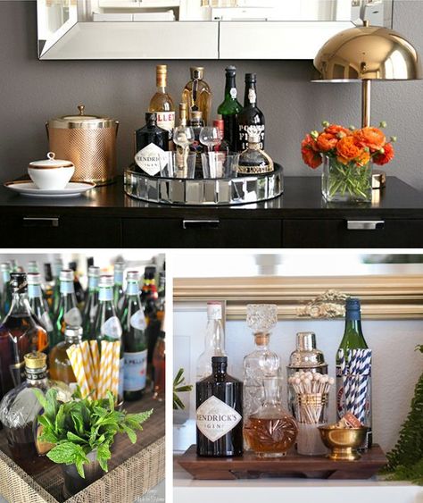 Designer Tip: How to Style Your Bar Dining Room Buffet Bar Decor, Setting Up A Bar Cabinet, Bar On Buffet Table, Tabletop Bar Ideas, Drink Tray Decor, How To Style Bar Cabinet, Tray Bar Ideas, Bar Cart Home Decor, Mini Bar Styling