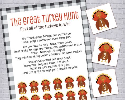 Thanksgiving Scavenger Hunt, Thanksgiving Treasure Hunt, Thanksgiving Printable, Turkey Hunt Game, Thanksgiving Game for Kids DIGITAL FILE Before Thanksgiving dinner, get up and hunt around for 12 turkeys on the run! Kids and grown-ups alike will enjoy this fun turkey scavenger hunt where they need to find 12 hidden turkeys around the house and/or outside. Be the first person to find all 12 turkeys and win!  Play it as many times as you want. For lots of laughs and added family fun, add a rule t Turkey Hunt Game, Turkey Hunt, Thanksgiving Scavenger Hunt, Class Crafts, Thanksgiving Games For Kids, Christmas Treat Bags, Holiday Games, Thanksgiving Traditions, Turkey Hunting