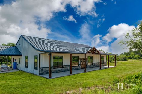 Morgan Mill House in Texas | 4-Bed, 2-Bath Beautiful Barndominium with a Cabin Feel Building A Barndominium, Metal Building House Plans, Metal House Plans, Pole House, Barn Homes Floor Plans, Barn House Design, Pole Barn House Plans, Building Plans House, Casa Exterior