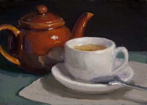 Wang Fine Art: tea and teapot original still life oil painting ... Tea Pot Still Life, Tea Oil Painting, Tea Pot Painting, Tea Still Life, Teapot Painting, Painting Techniques Canvas, Tea Cup Art, Simple Oil Painting, Painting A Day