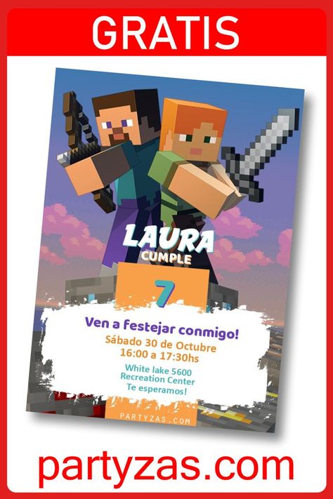 Invitación Minecraft GRATIS para Editar. Tarjeta Invitación de Minecraft para imprimir o enviar por Whatsapp. Visita Partyzas para ver más opciones. Minecraft Theme Birthday, Minecraft Invitations, Minecraft Templates, Minecraft Theme, Card Edit, Virtual Card, Recreation Centers, Send It, Editable Invitations