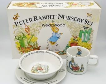 TeaforTexas - Etsy UK Beatrix Potter Birthday, Peter Rabbit Nursery, Rabbit Nursery, Christmas Shower, Baby Bowls, Bowl Plate, Nursery Set, Christening Gifts, Beatrix Potter