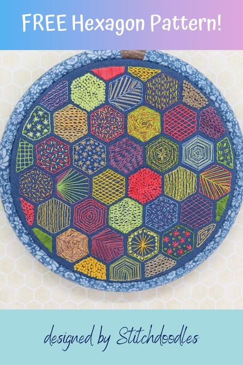 Make this hand embroidery design with a FREE pattern tutorial | hexagon embroidery patterns | hexagon embroidery hoop | hexagon embroidery ideas | hexagon patchwork hand sewing | hexagon embroidery | #beginnerembroidery | #simpleembroidery Embroidery Sampler Pattern, Hexagon Embroidery, Embroidery Edging, Vintage Embroidery Patterns, Hexagon Patchwork, Embroidery Sampler, Printable Vintage, Needle Work, Hand Embroidery Stitches