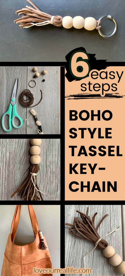 Wooden Beaded Keychains, Wood Bead Wristlet Keychain Diy, Boho Keychain Ideas, Boho Keychain Diy Tutorial, How To Make Boho Jewelry, Wood Bead Keychain Diy, How To Make Keychains With Beads, Beaded Key Chains Diy Keychain Ideas, Circle Keychain Ideas