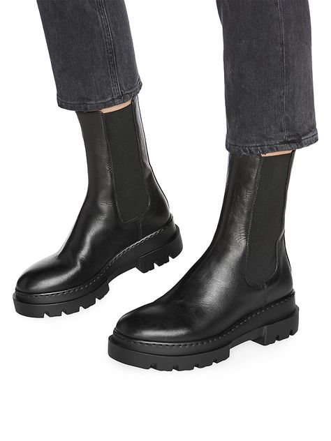 "Find LA CANADIENNE Braydon Leather Chelsea Boots on Editorialist. La Canadienne's Braydon boots are designed with City Dry technology that features waterproof Italian leather with side elastic panels. This pair is handmade with a lugged sole. Leather upper Round toe Pull-on style Lining: Leather Rubber sole Made in Canada SIZE Platform height, 2.25\" (55mm) Shaft height, 10.5\" Leg opening, about 8\". La Canadienne. Color: Black. Size: 5." Womens Waterproof Boots, Winter 22, Lug Sole Boots, Suede Chelsea Boots, Style Inspiration Winter, Fashion Mood Board, Fashion Aesthetics, Rounded Toe Boots, Loafer Sneakers