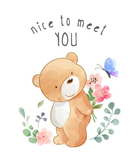 Nice To Meet You, Cute Bear Illustration, Bear And Butterfly, Light Pink Paint, Watercolor Pattern Background, Buddha Doodle, I Love You Lettering, Watercolor Splatter, Watercolour Texture Background