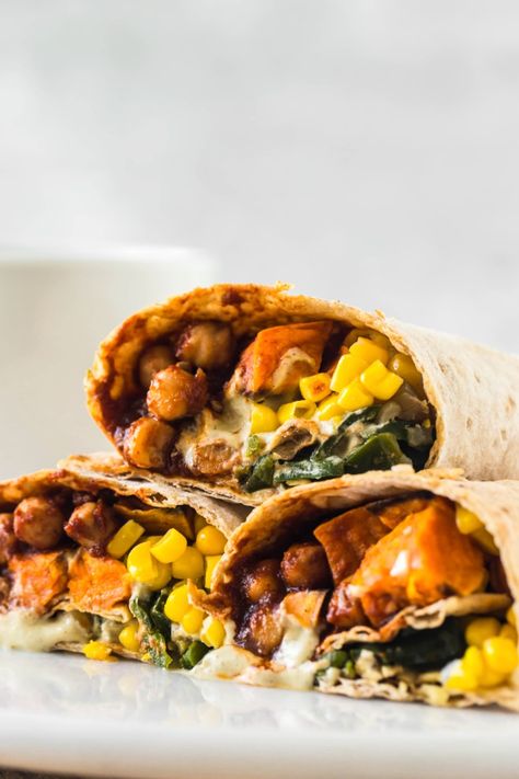 Chickpea Burrito, Vegan Wraps Dinner, The Vegan 8, Sweet Potato Wrap Recipes, Vegan High Protein Wrap, Bbq Chickpea Wraps, Chickpea Lunch Wrap, Bbq Chickpeas, Vegan Wraps