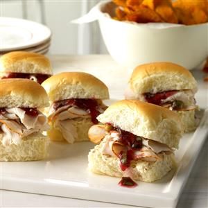 Festive Holiday Sliders Recipe -Turkey sliders with ginger, horseradish and cranberry sauce refrigerate well, so I keep them ready for get-togethers when we bake gifts and wrap presents. —Pamela Miller, Big Rapids, MI Holiday Sliders, Best Christmas Appetizers, Best Holiday Appetizers, Turkey Sliders, Christmas Appetizers Easy, Wrap Presents, Christmas Buffet, Christmas Dinners, Christmas Feast