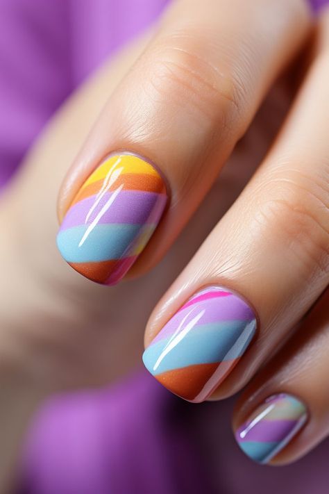 Get ready for some serious short nail inspo with our latest summer pedicure colors 2023! 🌞🎉 Whether it's a fun date night or a happening party, these rainbow stripes in different widths will steal the show! 🌈💕 Embrace the hottest summer nail polish colors and level up your nail game. Follow us for more trendy nail designs and inspiration. 💅👉 Let's nail this summer together! 🌟😍 Pedicure Colors 2023, Summer Pedicure Colors 2023, Short Nail Inspo, Summer Pedicure Colors, Almond Nails Designs Summer, Summer Nails Designs, Nail Polish Colors Summer, Wave Nails, Evil Eye Nails