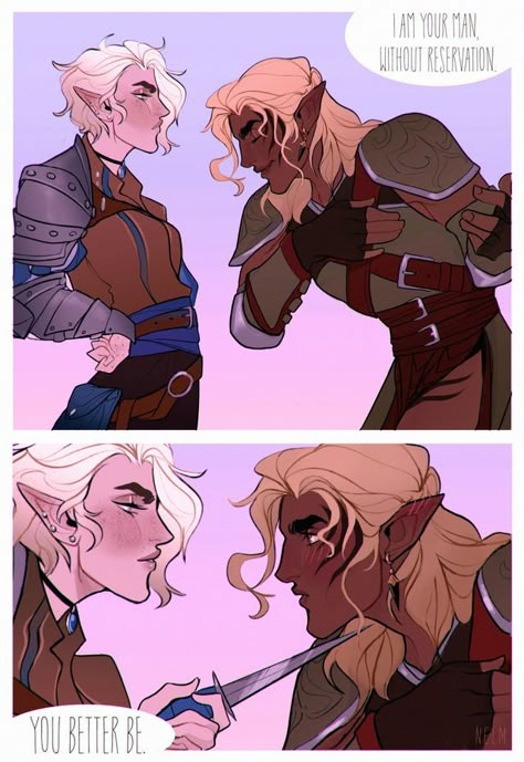 And in that moment, Zevran thought to himself: "ooh, I like this one." Zevran X Warden, Dragon Age Zevran, Dragon Age Comics, Dragon Age Funny, Dragon Age Romance, Castlevania Anime, Dragon Age Characters, Dragon Age 3, Dragon Age Games