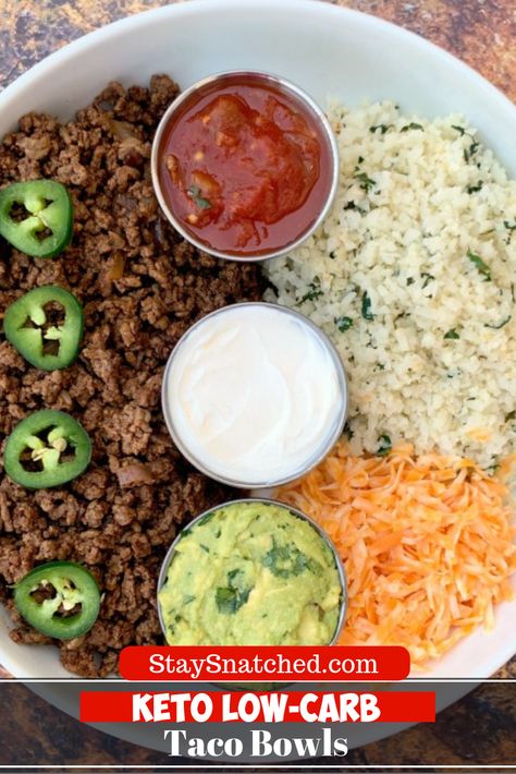 Easy, 30-Minute Keto Taco Bowls with Cilantro Lime Cauliflower Rice is a quick recipe that includes homemade keto taco seasoning, ground beef or ground turkey, and all of your favorite toppings like shredded cheese, guacamole, salsa, and sour cream. Ditch Taco Bell’s taco salad for this one-pot skillet recipe! #KetoRecipes #KetoTacos Seasoning Ground Beef, Lime Cauliflower Rice, Keto Taco Seasoning, Taco Bowl Recipe, Cilantro Lime Cauliflower Rice, Keto Stuffed Peppers, Guacamole Salsa, Joker Drawings, Low Carb Tacos