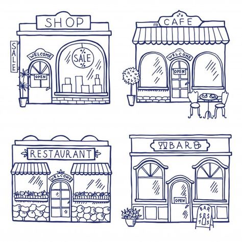 Store Drawing Easy, Ice Cream Shop Drawing, Café Drawing, Ice Cream Shop Illustration, Cute House Illustration, Shopping Drawing, Cafe Drawing, Store Drawing, House Drawings