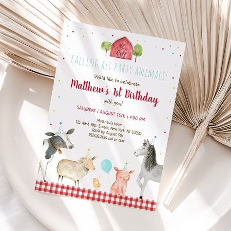 Boy Farm Party Animal Birthday for $3.00 - Birthday Invitations Farm First Birthday Boys, Animals With Balloons, Farm First Birthday, Party Animal Birthday, Animal Birthday Invitation, Farm Animal Party, Farm Animal Birthday, Barnyard Birthday, Boy Birthday Invitations