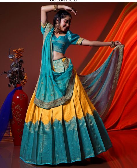 Blue and yello pattu lehenga, pattu halfsaree in uk Yellow And Blue Lehenga, Half Saree Designs Color Combinations, Lehenga Pattu, Bridal Lehenga Blouse, Lehenga Yellow, Pattu Lehenga, Silk Half Saree, Long Frock Designs, Half Saree Lehenga