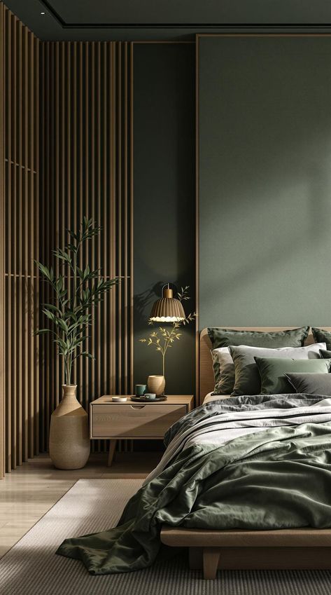 20 Moody Green Bedroom Ideas for a Cozy Retreat 23 Earthy Bedroom Moody, Wood Panel Bedroom Ideas, Zen Modern Bedroom, Wood And Green Interior Design, Masculine Earthy Bedroom, Tulum Bedroom Ideas, Boho Mens Bedroom, Cozy Master Bedrooms Decor Modern Luxury, Moody Modern Interior