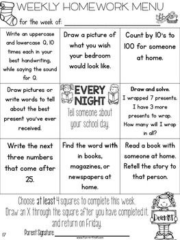 Homework Menus for the Entire Year {EDITABLE} Kindergarten Kindergarten Homework Ideas, Homework Ideas For Preschool, Homework Menu, First Grade Homework, Homework Calendar, Kindergarten Homework, Kindergarten Lesson Plans, Preschool Graduation, Kindergarten Lessons