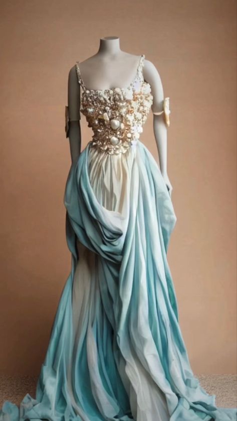 Sea Fantasy Outfit, Acotar Summer Court Dress, Summer Court Fashion Acotar, Ocean Themed Ballgown, Mermaid Queen Dress, Dresses That Look Like Water, Summer Court Acotar Outfits, Dress Inspired By Water, Dresses Inspired By Water