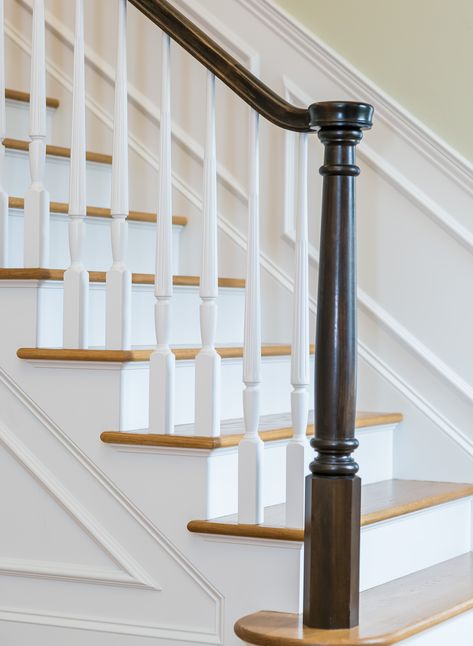 Traditional Railings For Stairs, Classic Banisters And Railings, Colonial Newel Post, Traditional Bannister, Colonial Stair Railing, Staircase Spindles Wooden, Wood Stair Spindles, Turned Newel Post, Stair Post Ideas