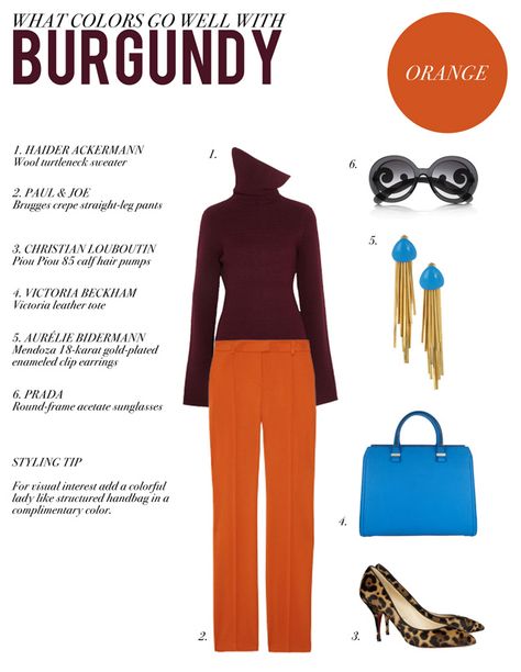 Wear a burgundy turtleneck with orange pants and a colorful structured ladylike handbag Pumpkin Color Pants Outfit, Burgundy And Orange Outfit, Orange And Burgundy Outfits, Burnt Orange Pants Outfit Work, Orange Pants Outfit Fall, Burgundy Turtleneck Outfits, Orange Turtleneck Outfit, Orange Pants Outfit Work, Burnt Orange Pants Outfit